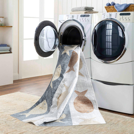 Tapis Enfant Lavable en Machine Poissons Beige/Gris/Orange Pekin