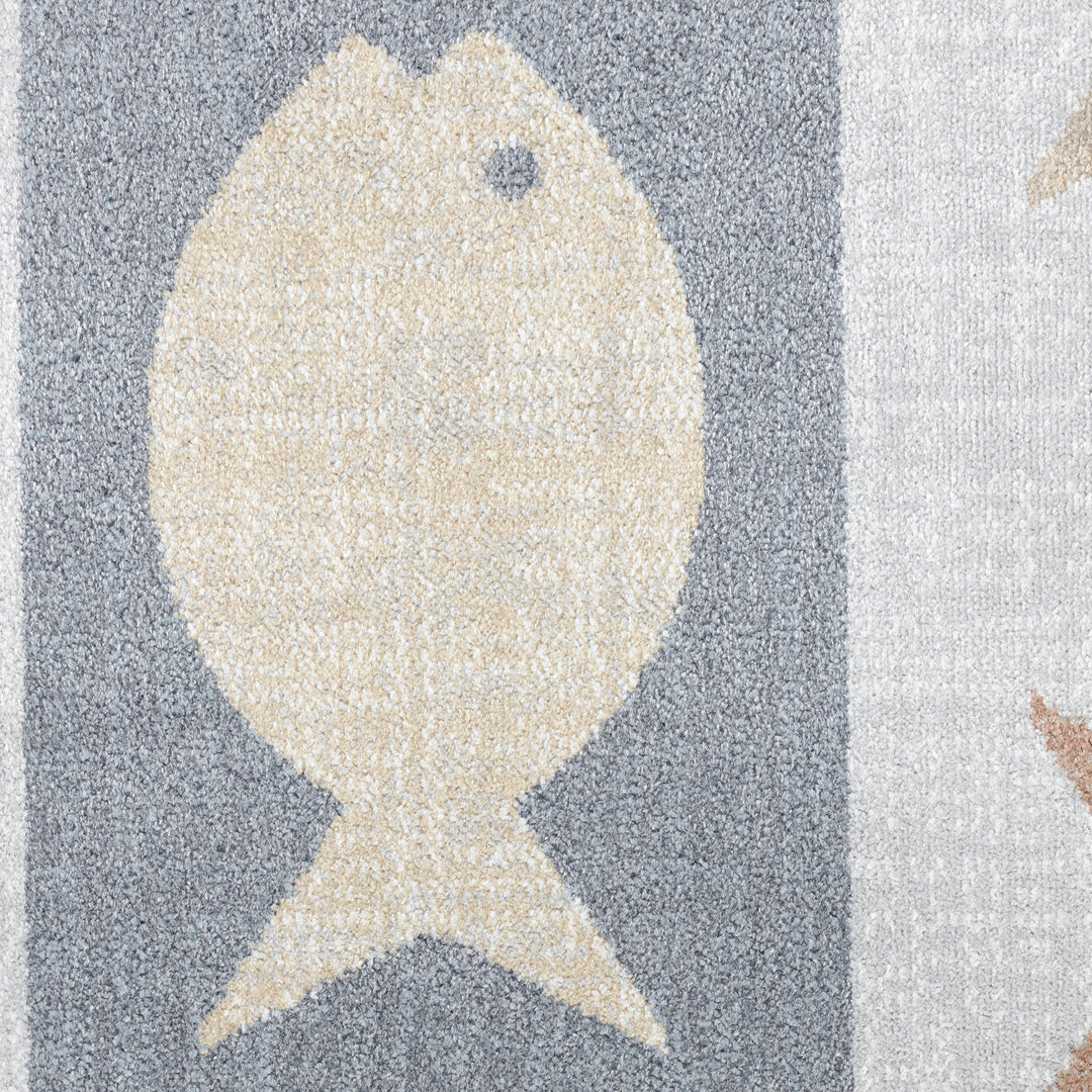 Tapis Enfant Lavable en Machine Poissons Beige/Gris/Orange Pekin