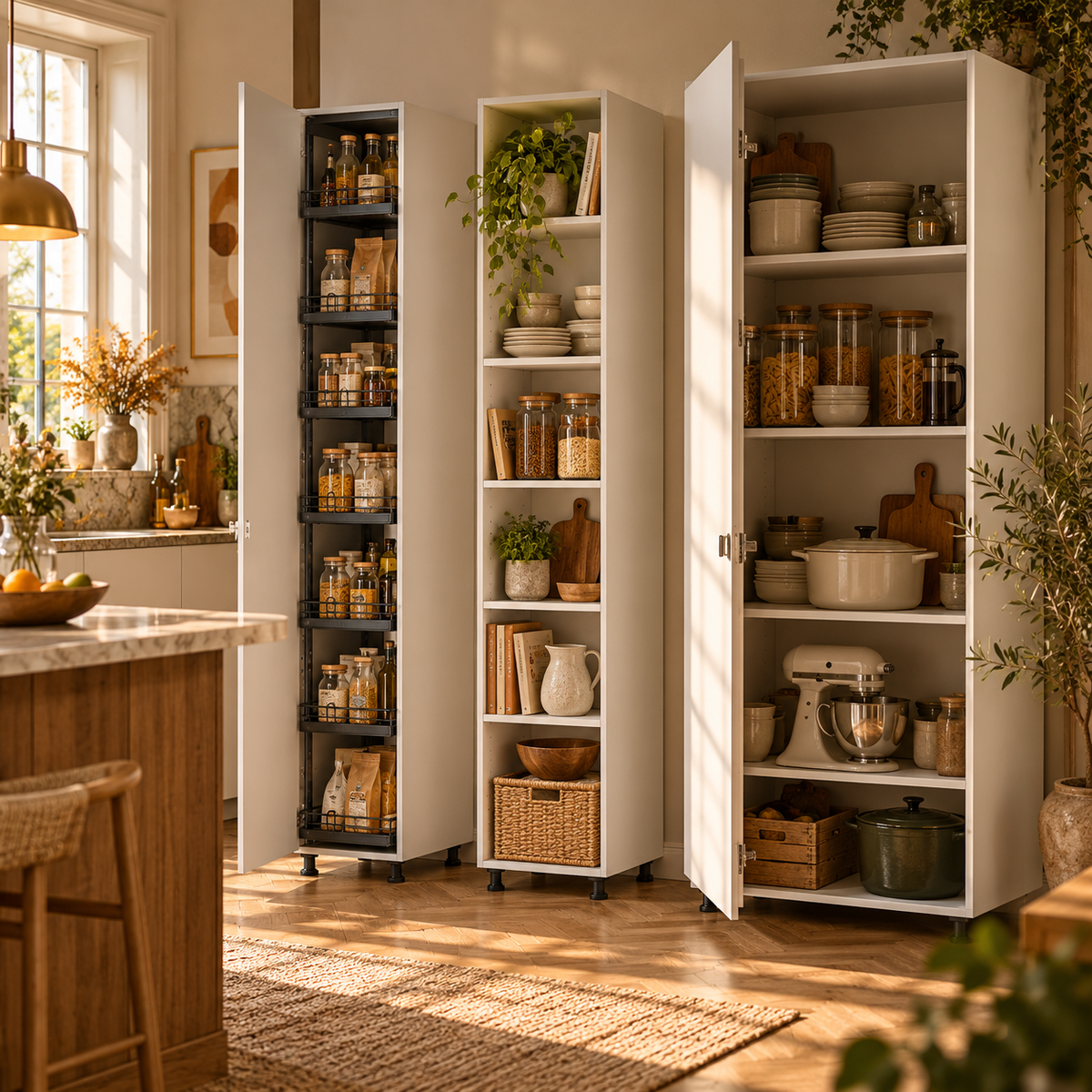Ensemble de colonnes de cuisine DELINIA ID avec étagères et paniers en bois blanc — photo produit