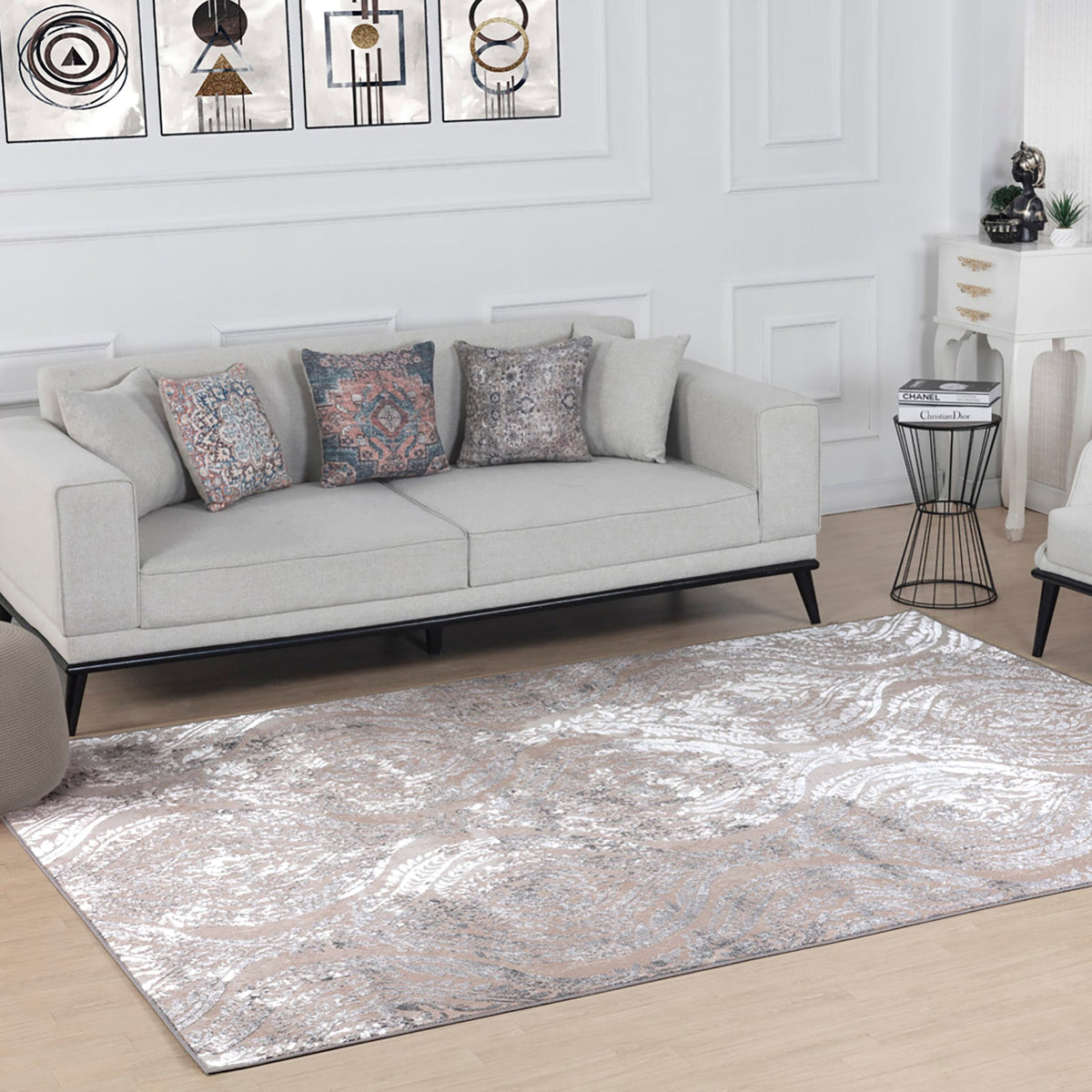 Tapis SURYA Ingrid oriental, motif volutes effet usé beige et gris, vue 9