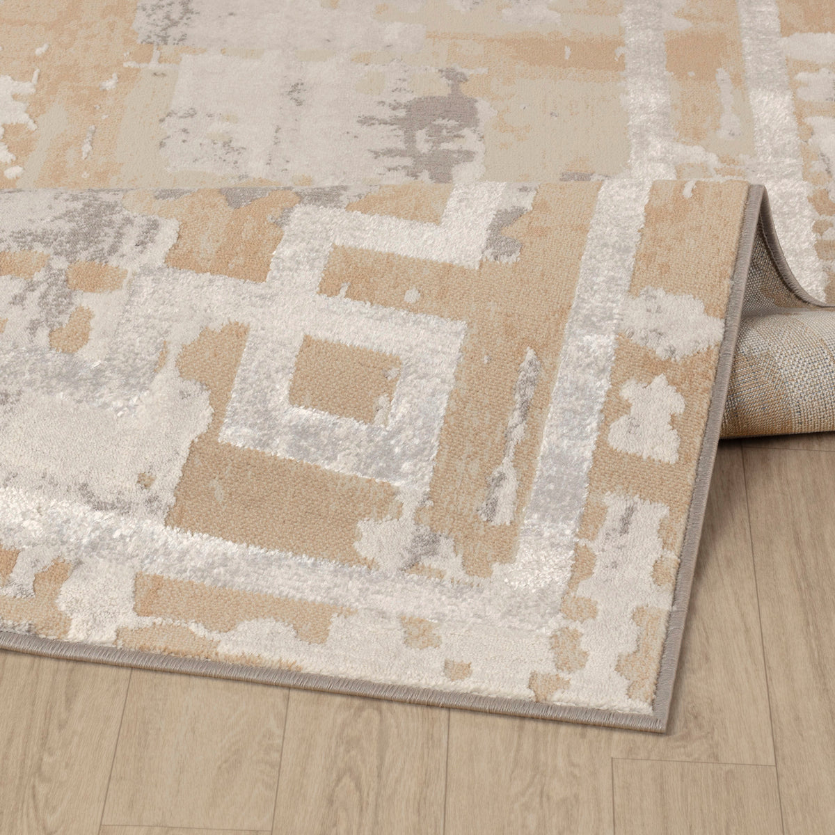 Tapis SURYA Goshen moderne, motif abstrait beige et camel avec bordure géométrique ivoire, vue 4