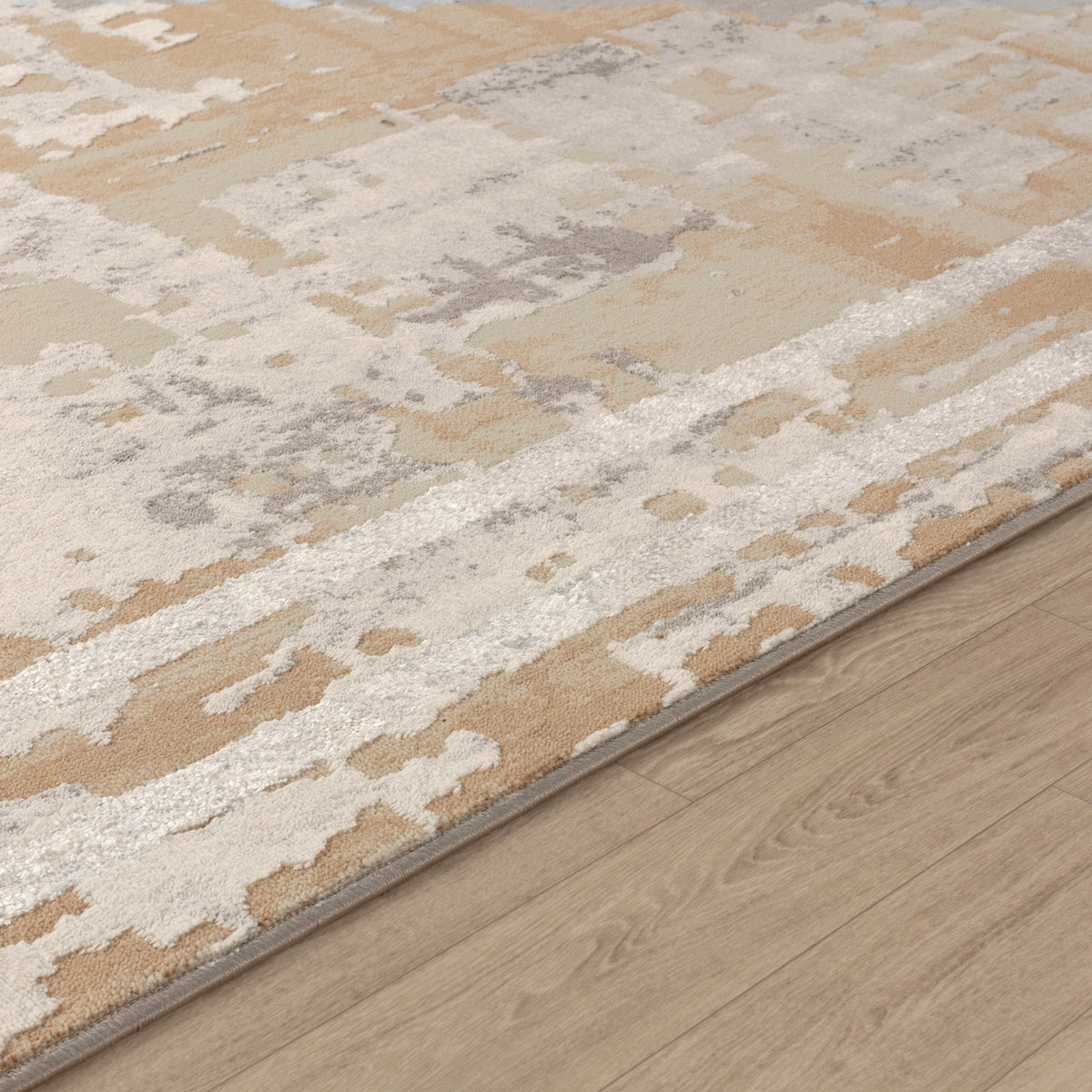 Tapis SURYA Goshen moderne, motif abstrait beige et camel avec bordure géométrique ivoire, vue 3