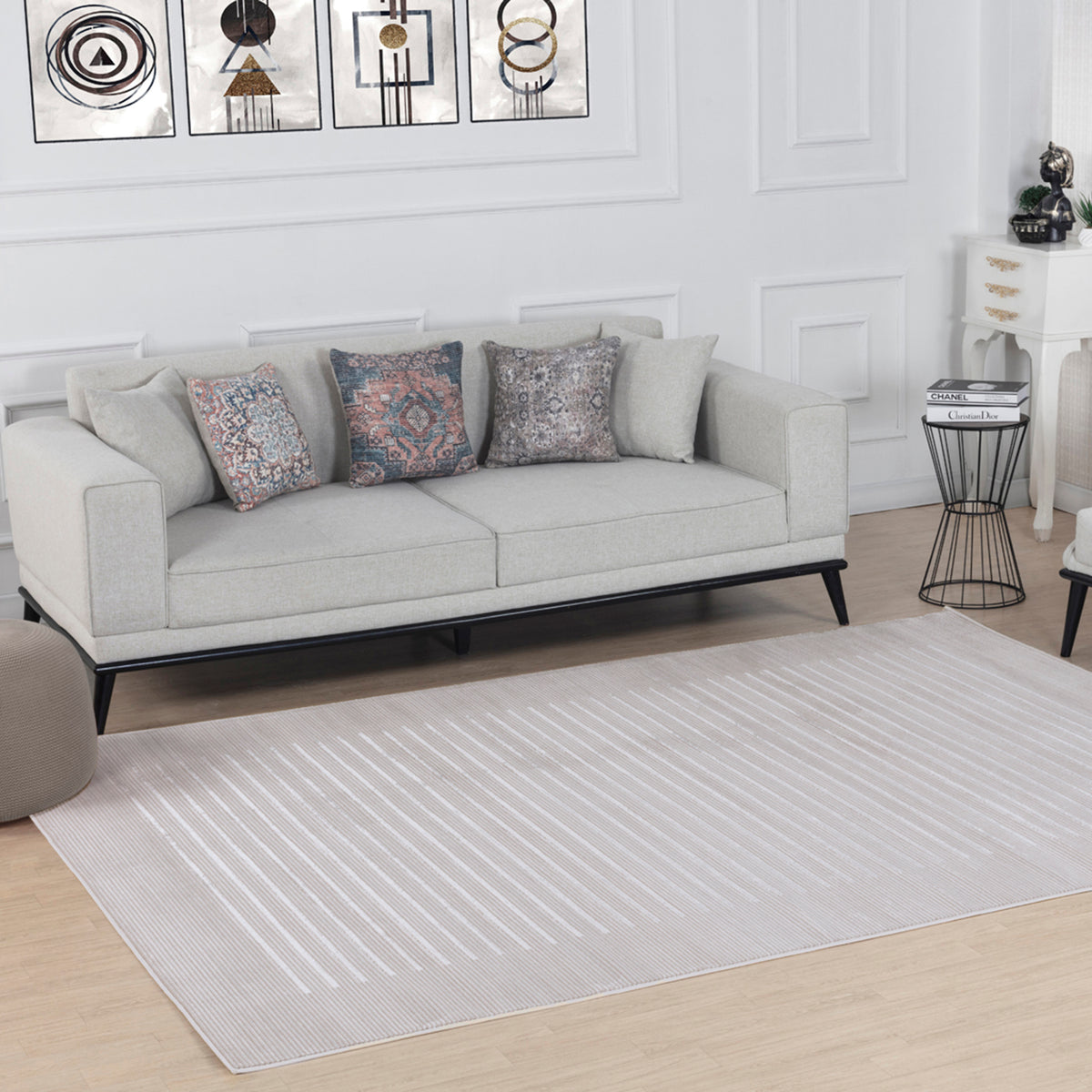Tapis SURYA Skokie scandinave, motif rayures fines en relief, beige et crème, vue 13