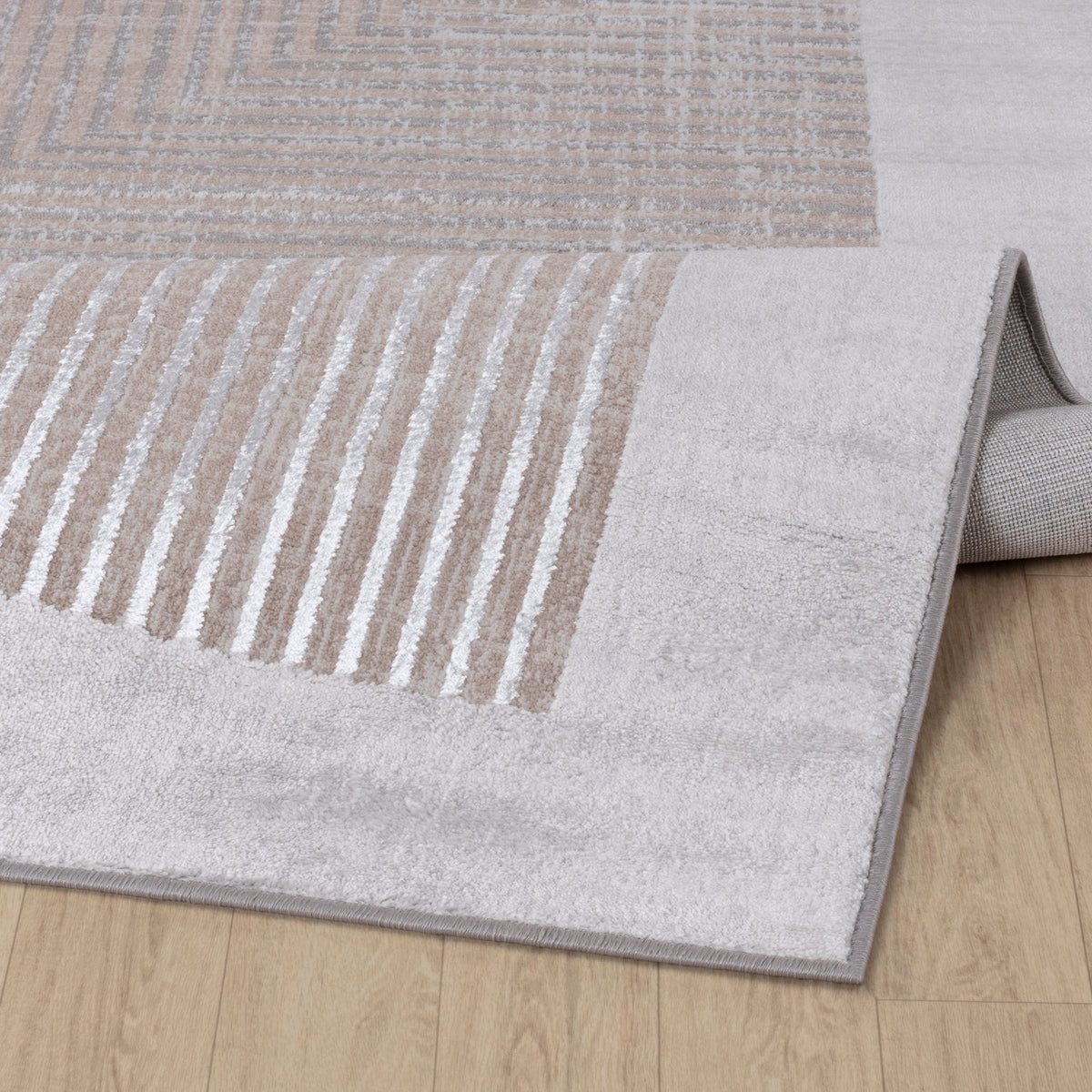Tapis SURYA Charlestown moderne, blocs géométriques gris et beige à fines lignes, bordure claire, vue 4