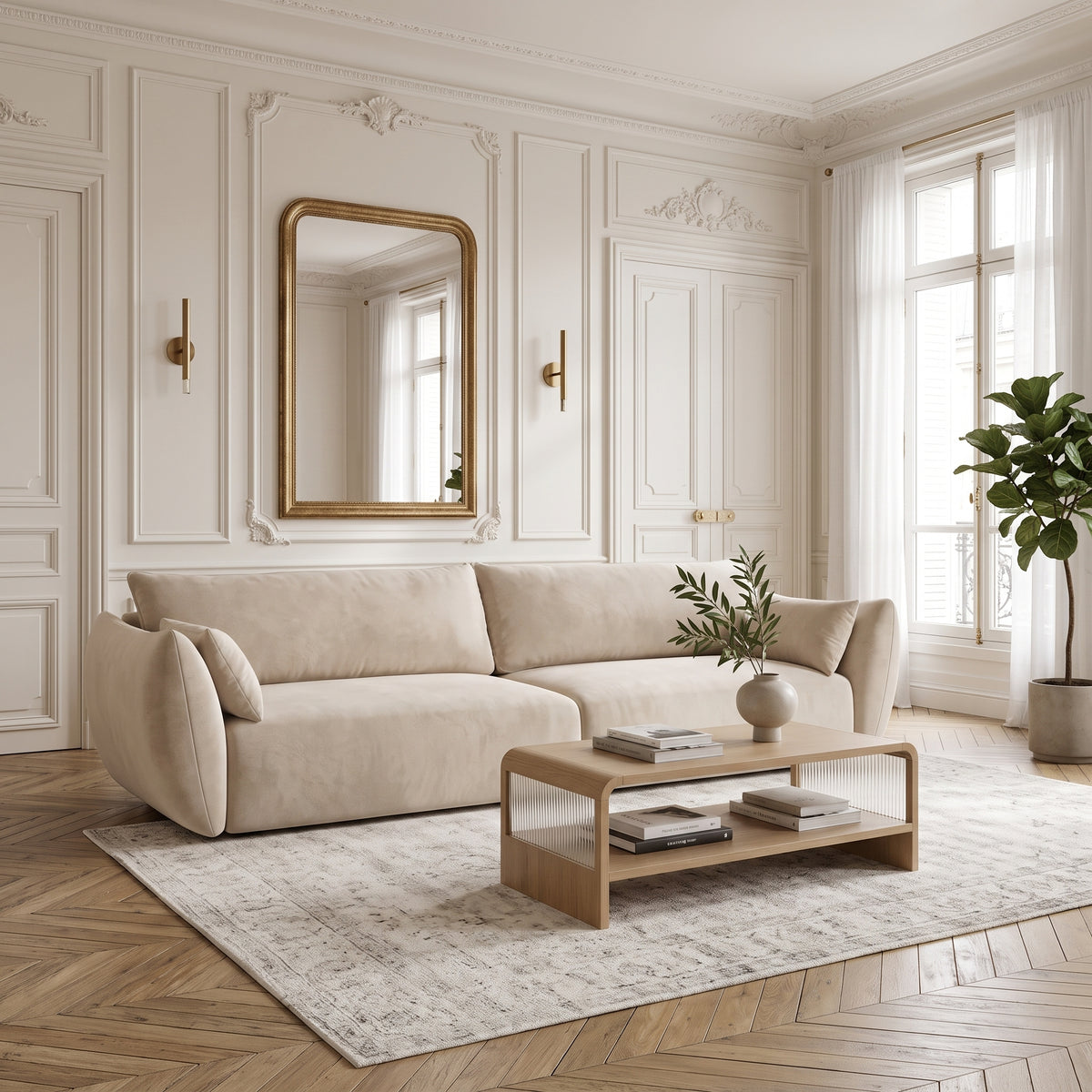 Canapé fixe COSMOPOLITAN DESIGN Matera 4 places en velours beige — en situation