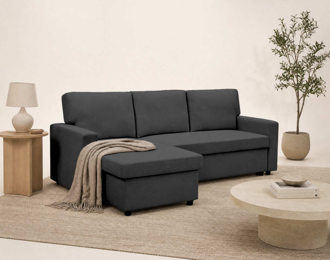 Canapé d’angle réversible 4 places convertible avec coffre MEIYA Best Mobilier – Gris foncé — photo produit