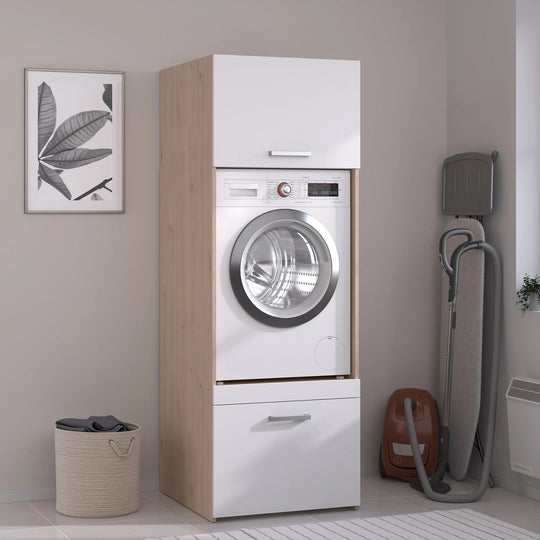 Meuble pour machine à laver VENTE UNIQUE Erkano avec 1 tablette, 1 tiroir et 1 placard Naturel clair et blanc