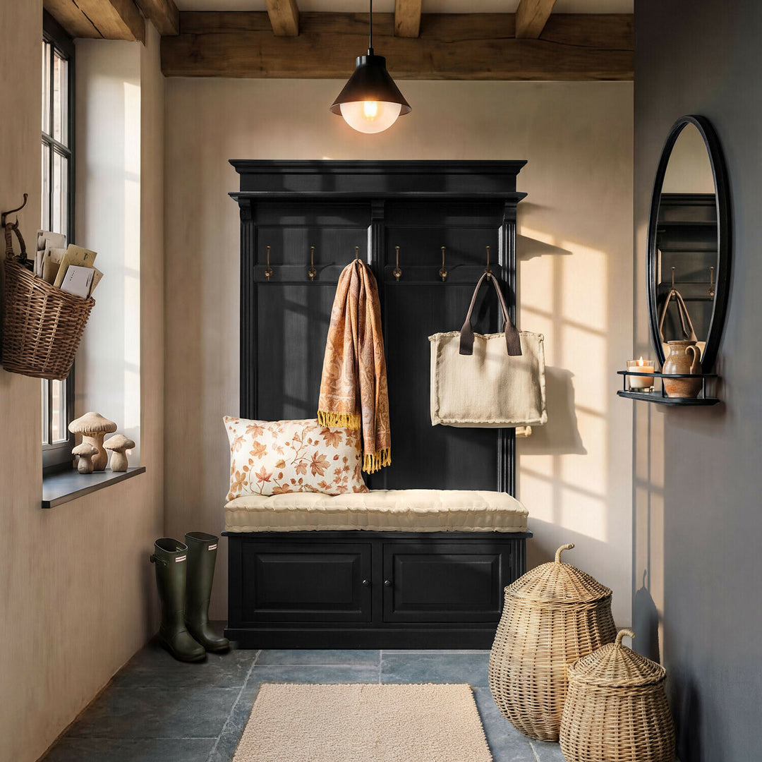 Meuble d'entrée LOBERON Eldwin en bois noir avec banquette crème — photo produit