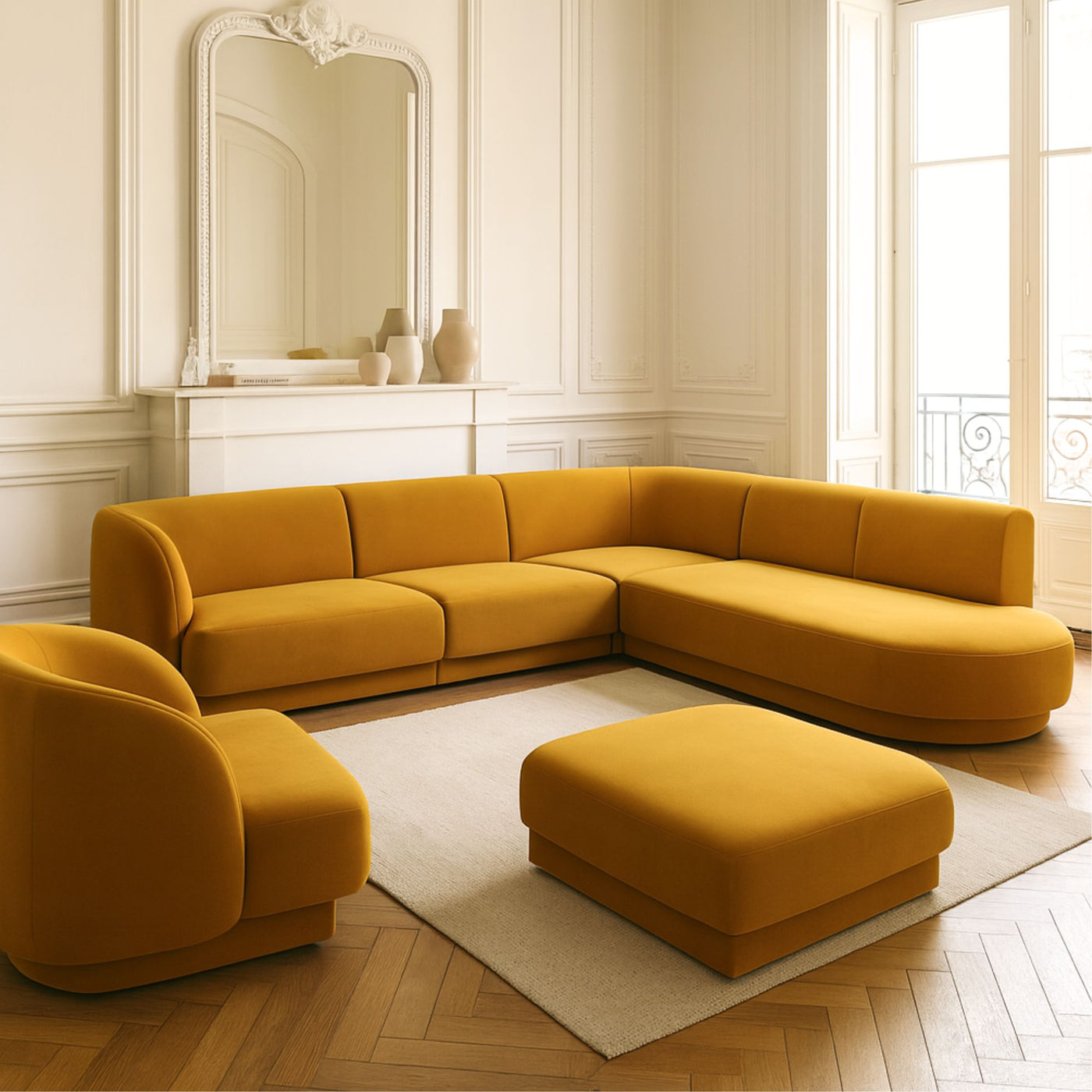 Canapé MICADONI Miley 6 places avec Pouf et Fauteuil en Velours Jaune Moutarde