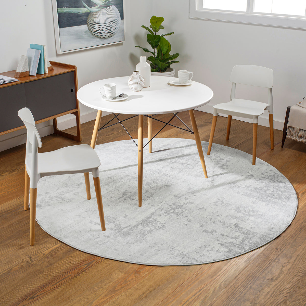 Tapis rond SURYA Dali moderne, motif abstrait gris argenté sur fond ivoire, vue 9