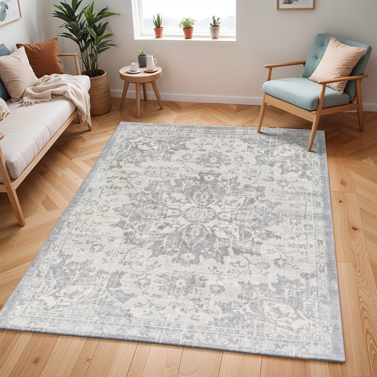 Tapis Surya Sage vintage oriental, motif médaillon délavé gris argenté et ivoire, vue 8