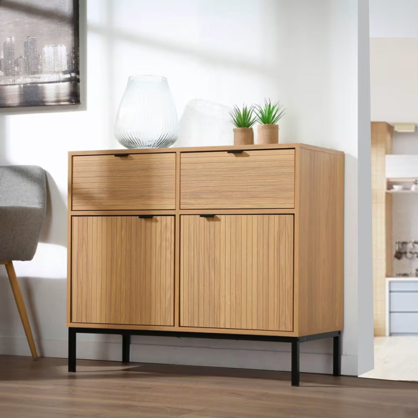 Petit buffet CALICOSY Tara 2 Portes 2 Tiroirs Façades Rainurées L90 x H79 cm