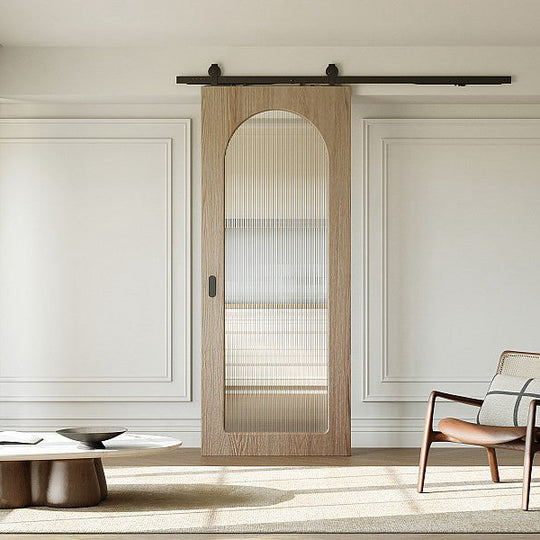 Porte coulissante VENTE-UNIQUE Odeza en bois avec arche naturel en verre trempé cannelé — photo produit