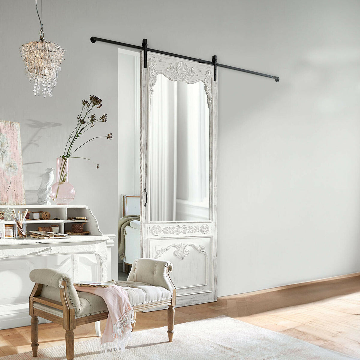 Porte coulissante LOBERON Penworth blanc vieilli avec miroir — photo produit