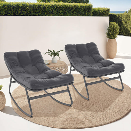 Lot de 2 fauteuils de jardin à bascule avec coussin gris