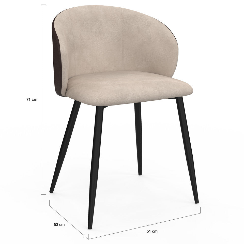 Lot de 4 chaises Léona bi-matière taupe et marron pieds métal noirs