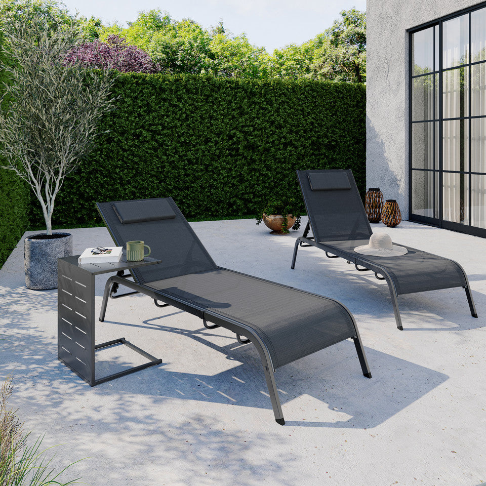 Lot de 2 Transats inclinables Mindoro 5 positions avec table d'appoint