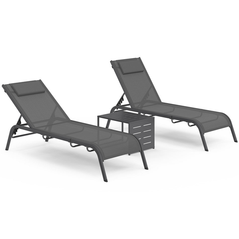 Lot de 2 Transats inclinables Mindoro 5 positions avec table d'appoint