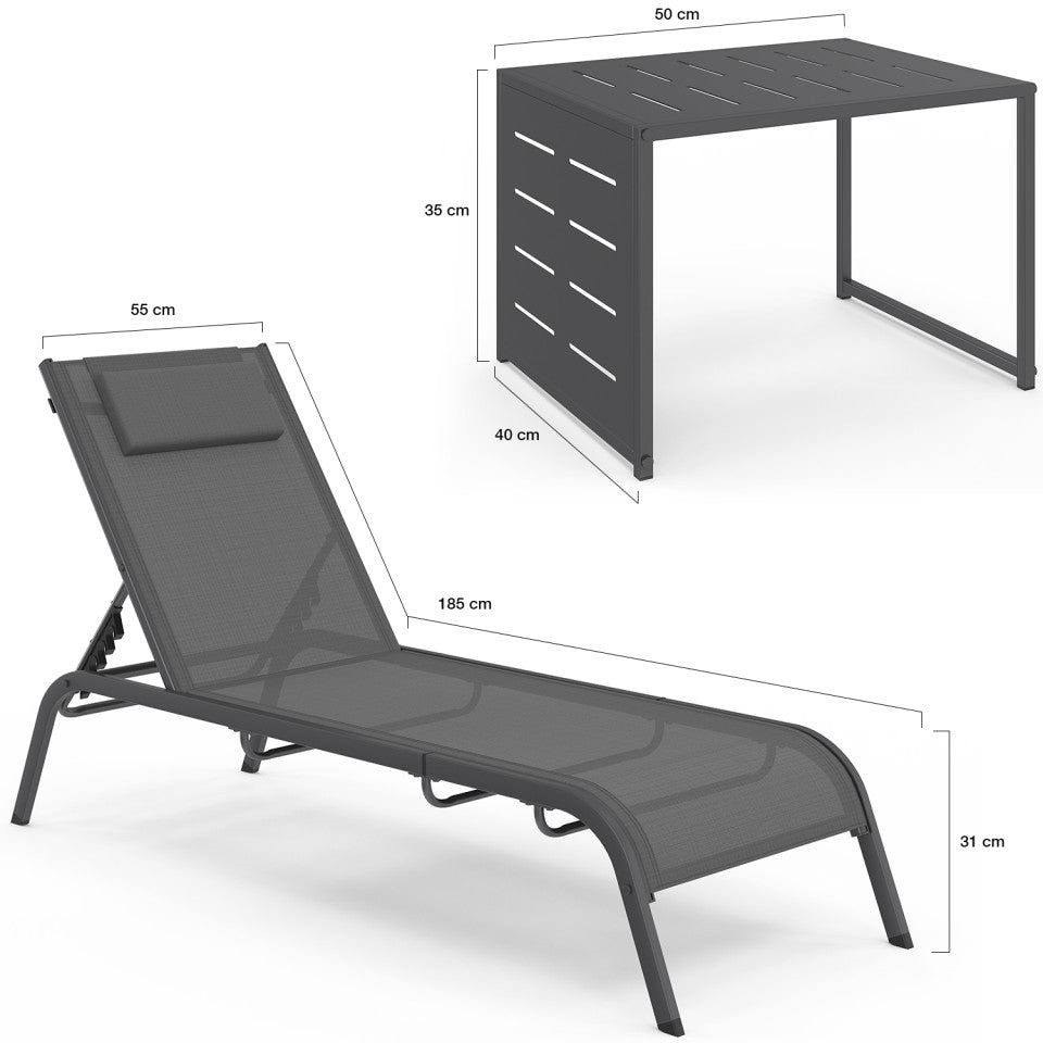 Lot de 2 Transats inclinables Mindoro 5 positions avec table d'appoint