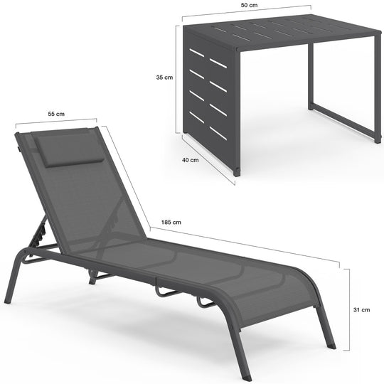 Lot de 2 Transats inclinables Mindoro 5 positions avec table d'appoint