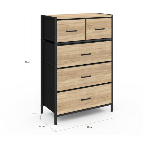 Chiffonnier Iris 5 tiroirs en bois et tissu