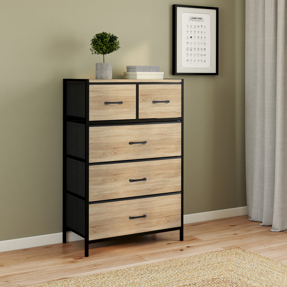 Chiffonnier Iris 5 tiroirs en bois et tissu