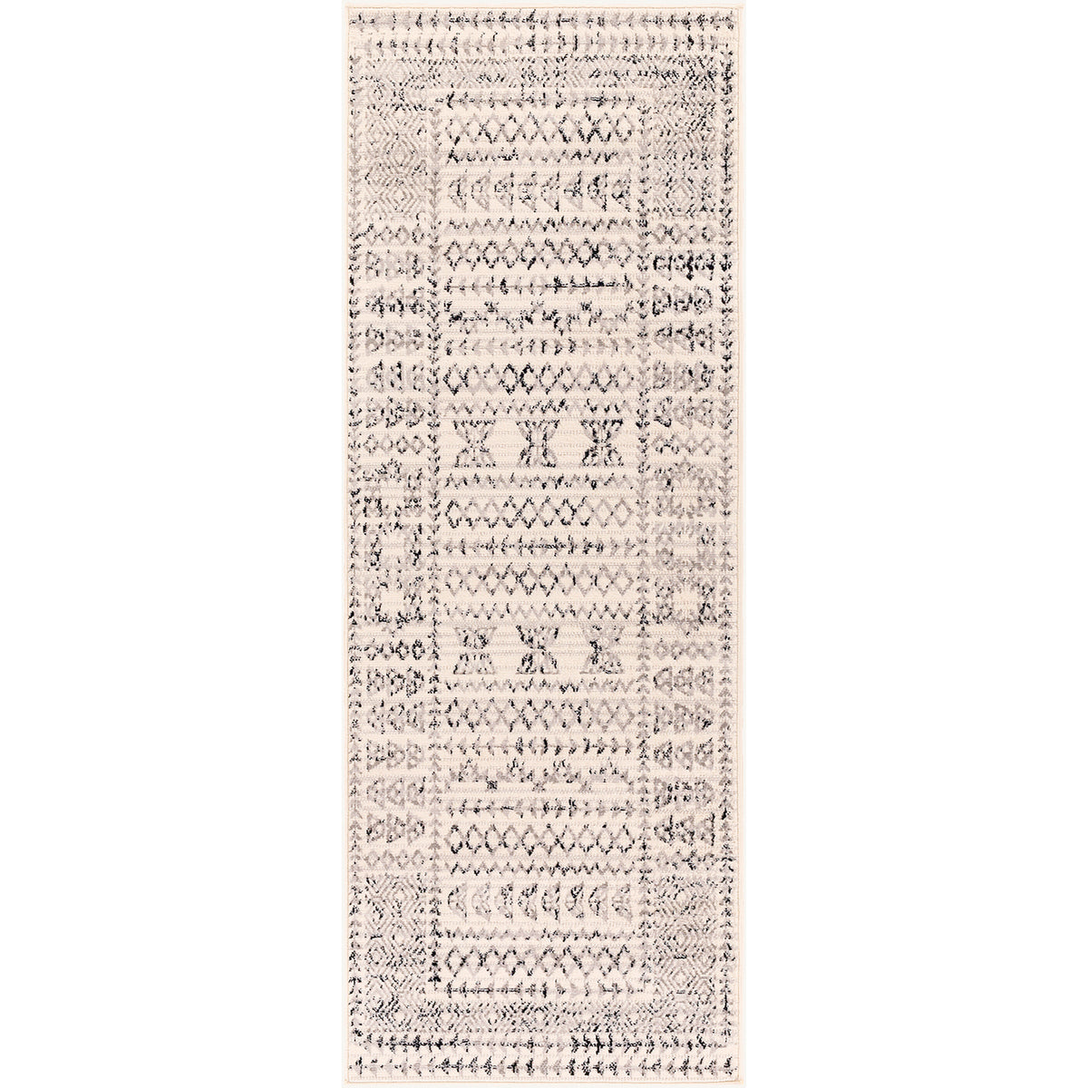 Tapis de couloir SURYA Ipoh bohème, motif berbère losanges, blanc cassé, noir et gris, vue 2