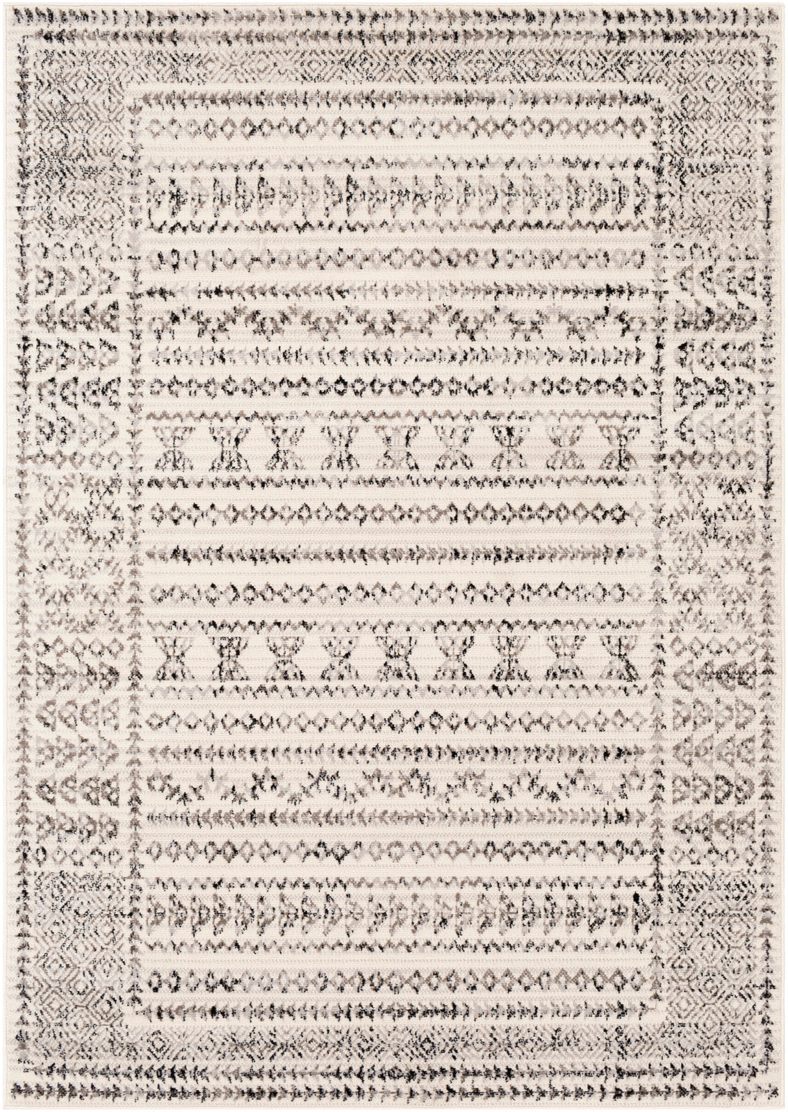 Tapis SURYA Ipoh scandinave bohème, motif berbère noir et anthracite sur fond crème, vue 2
