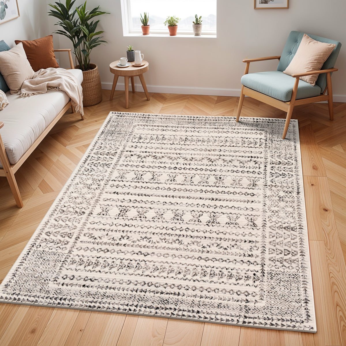 Tapis SURYA Ipoh scandinave bohème, motif berbère noir et anthracite sur fond crème, vue 8