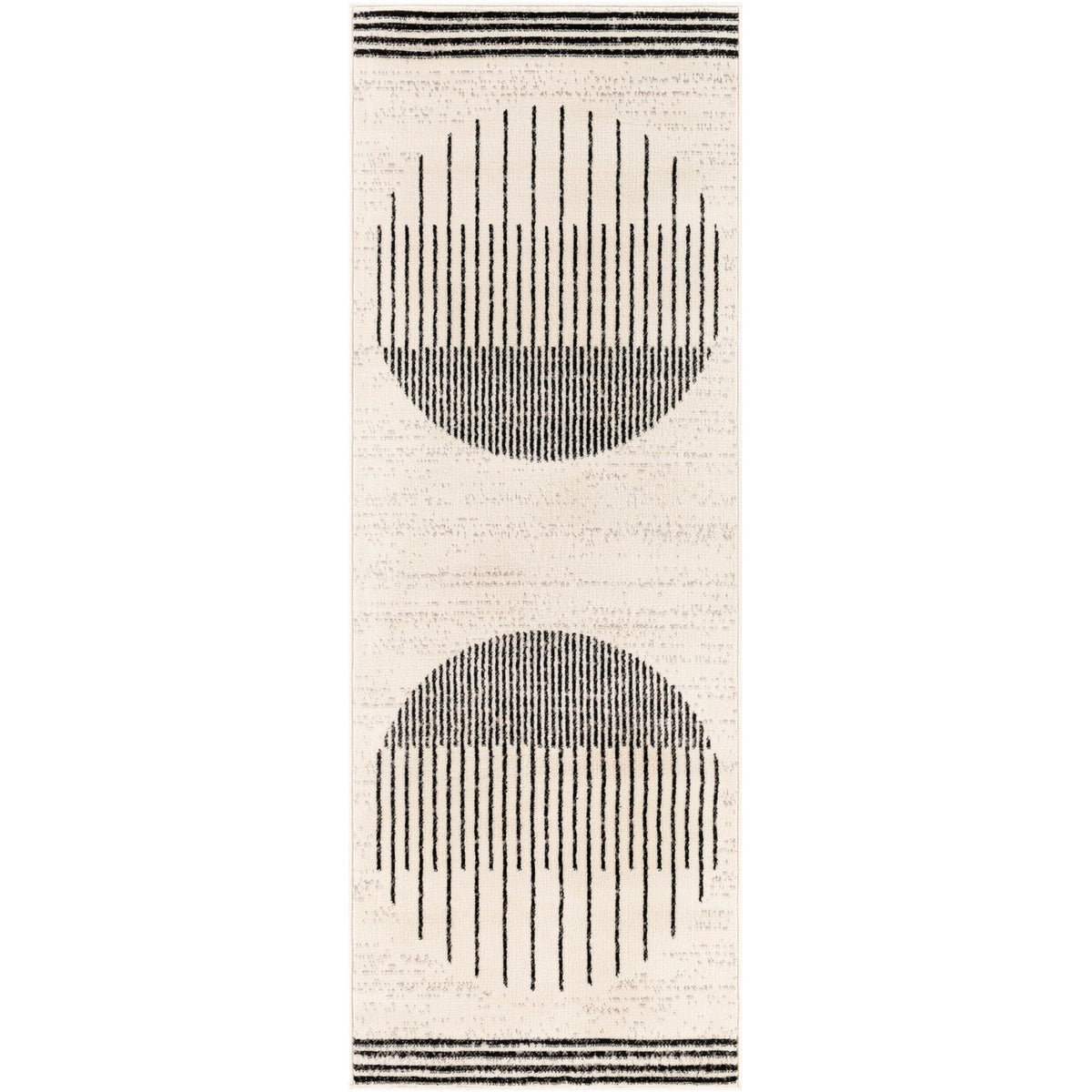 Tapis de couloir SURYA Santiago scandinave, motif de cercles rayés noirs sur fond blanc cassé, vue 2