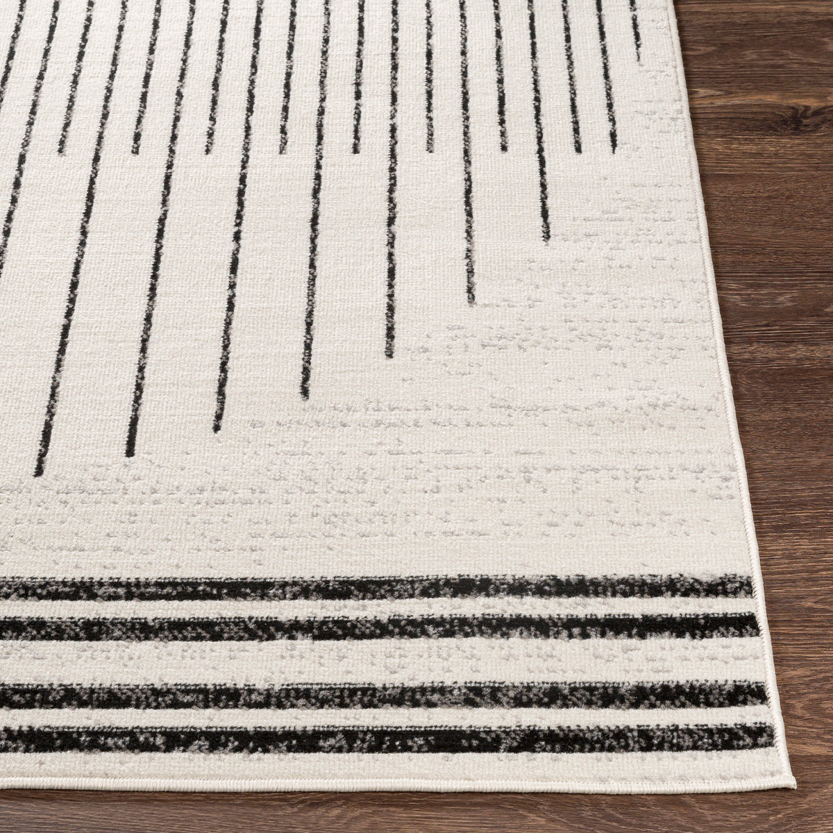Tapis rond SURYA Santiago scandinave, motif cercle de rayures noires sur fond blanc cassé, vue 5