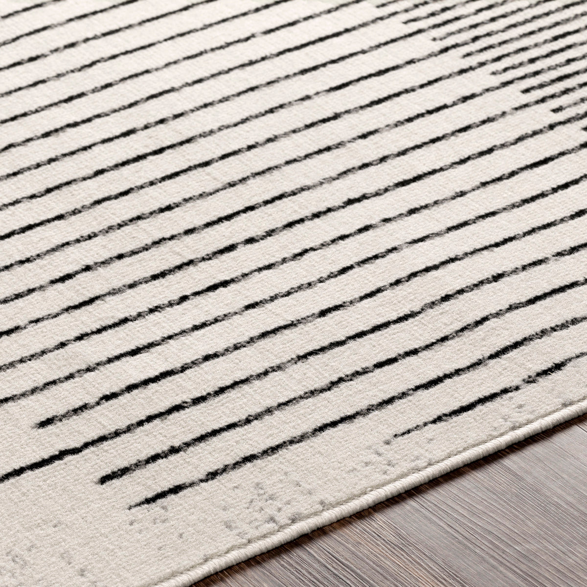 Tapis rond SURYA Santiago scandinave, motif cercle de rayures noires sur fond blanc cassé, vue 3
