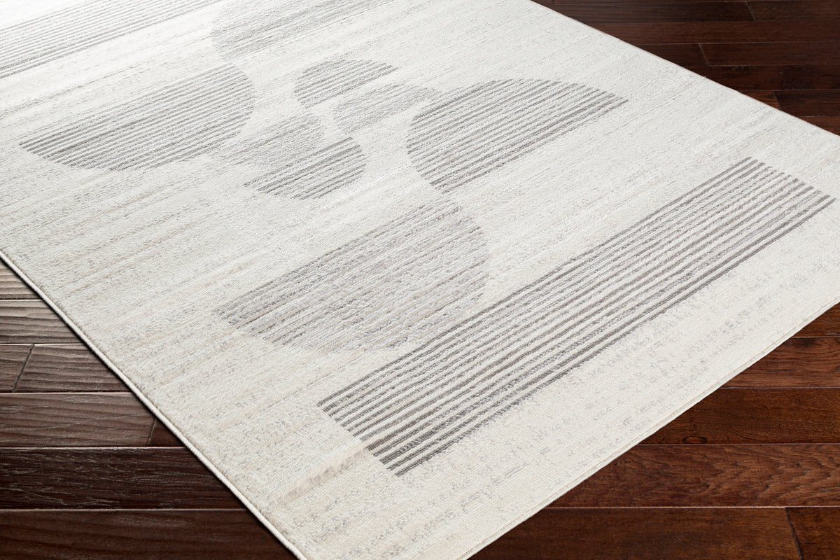 Tapis SURYA Jimo scandinave, motif demi-cercles et barres rayés gris sur fond blanc cassé, vue 6