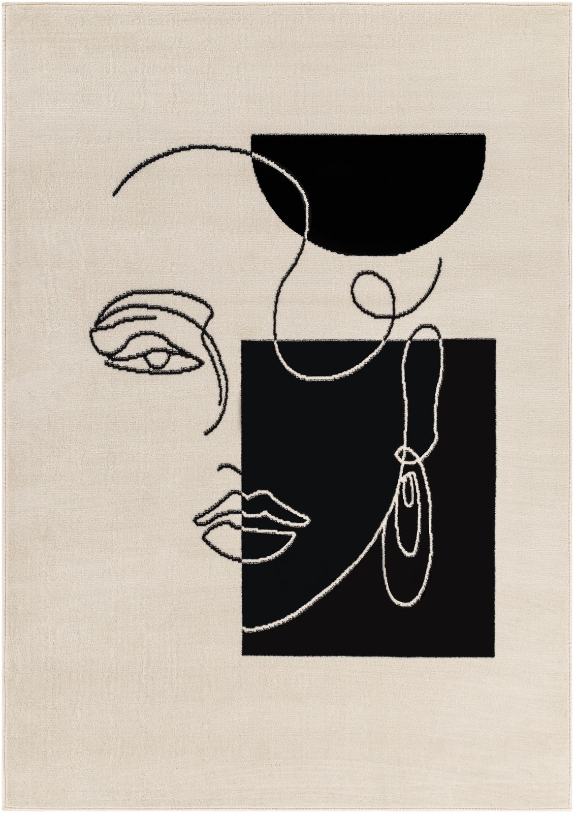 Tapis SURYA Cobo moderne, motif visage en ligne continue noir sur fond écru, vue 2
