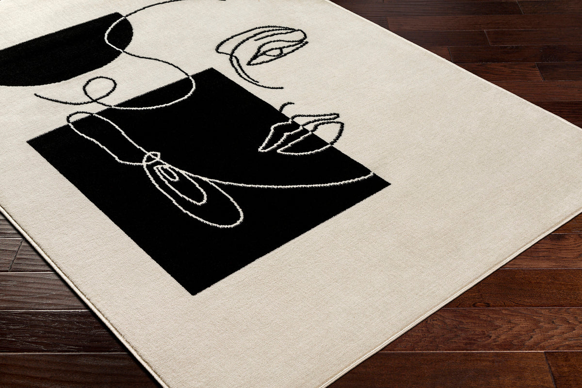 Tapis SURYA Cobo moderne, motif visage en ligne continue noir sur fond écru, vue 6