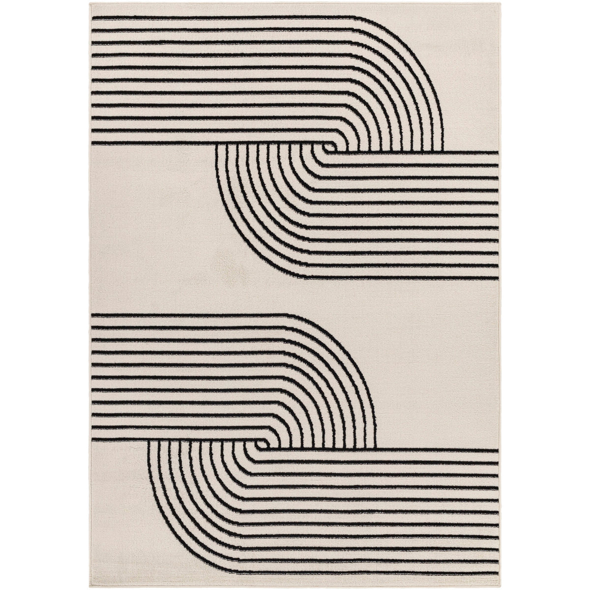 Tapis SURYA Constance rétro, motif arcs concentriques, blanc cassé et noir, vue 7