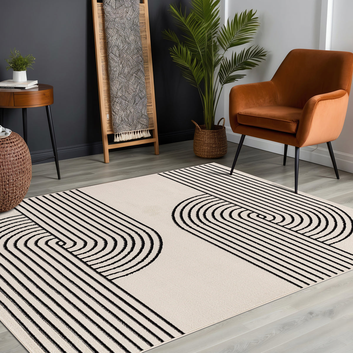 Tapis SURYA Constance rétro, motif arcs concentriques, blanc cassé et noir, vue 9