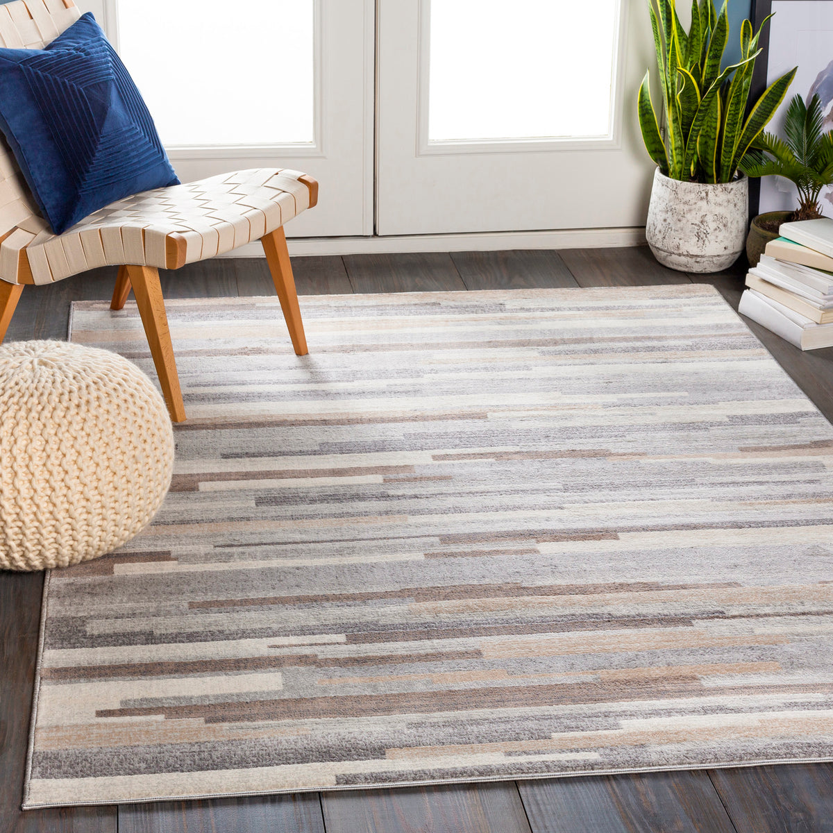Tapis SURYA Maastricht scandinave, motif de bandes horizontales gris, brun clair et blanc, vue 9