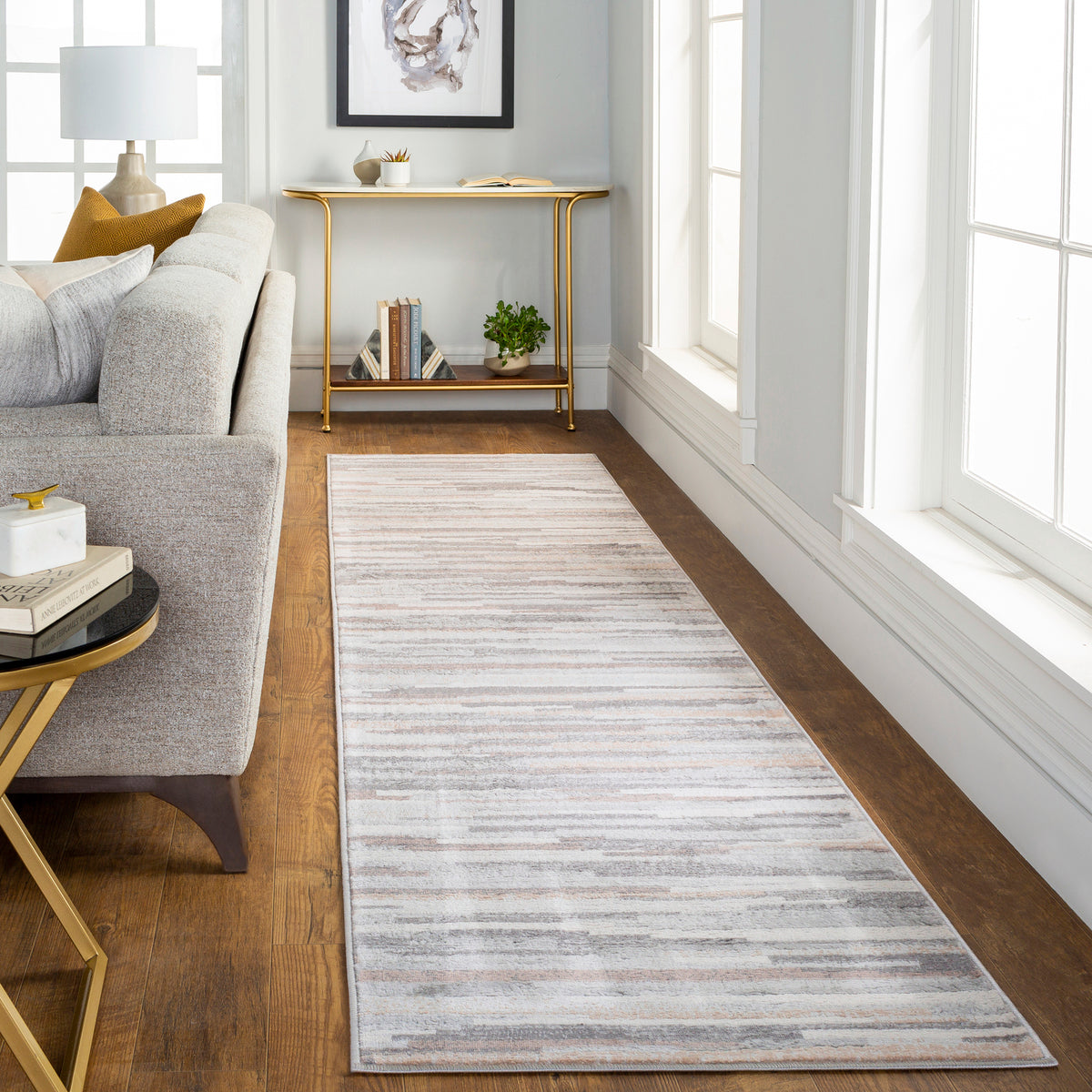 Tapis de couloir SURYA Maastricht scandinave, motif traits gris, brun clair et blanc