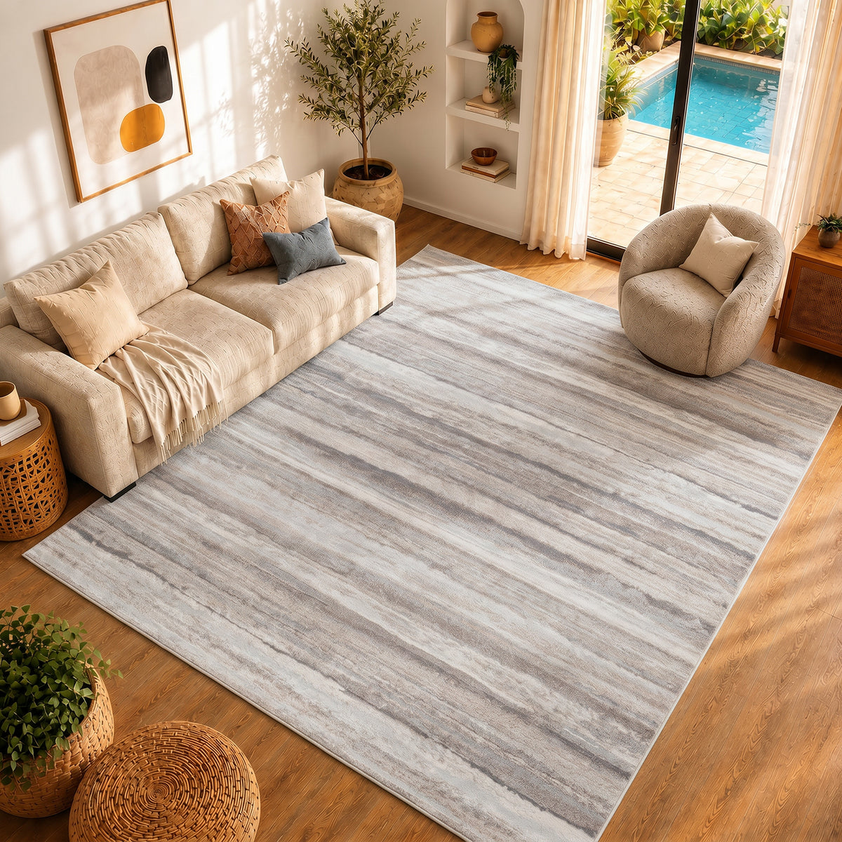 Tapis SURYA Dusel scandinave, motif stries horizontales, taupe, gris et blanc, vue 10