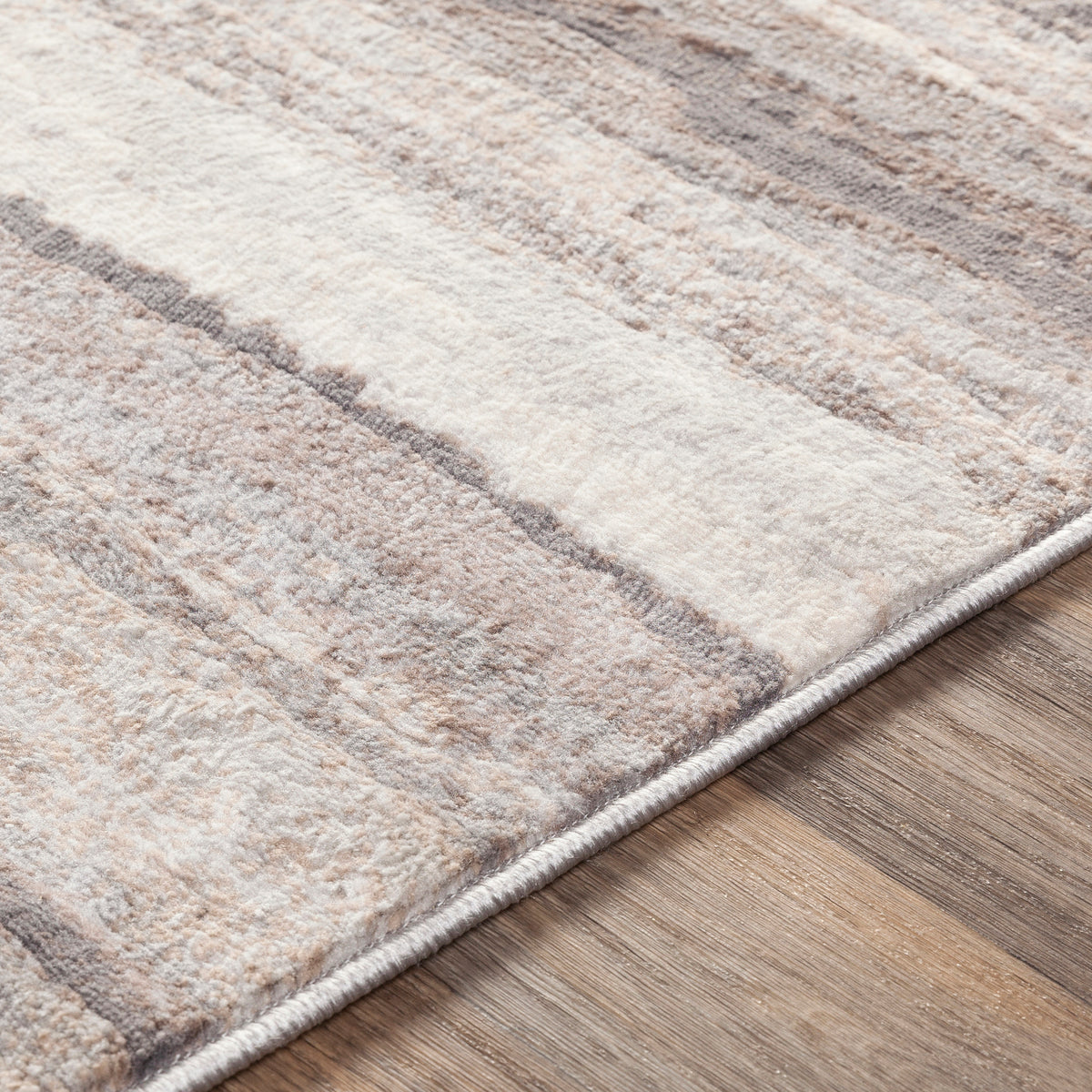 Tapis SURYA Dusel scandinave, motif stries horizontales, taupe, gris et blanc, vue 3