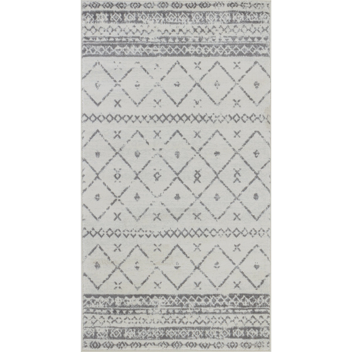 Tapis SURYA Lima berbère, motif losanges et frises gris anthracite sur fond blanc, vue 2