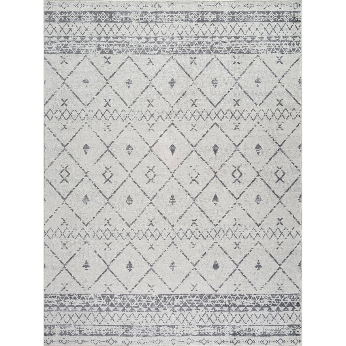 Tapis SURYA Lima berbère, motif losanges et frises gris anthracite sur fond blanc, vue 10