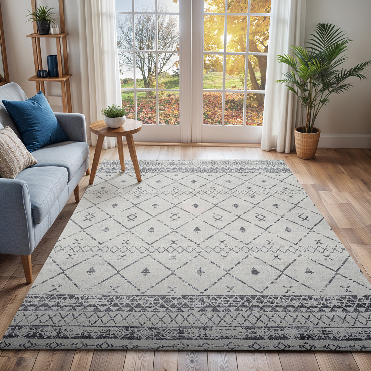 Tapis SURYA Lima berbère, motif losanges et frises gris anthracite sur fond blanc, vue 9