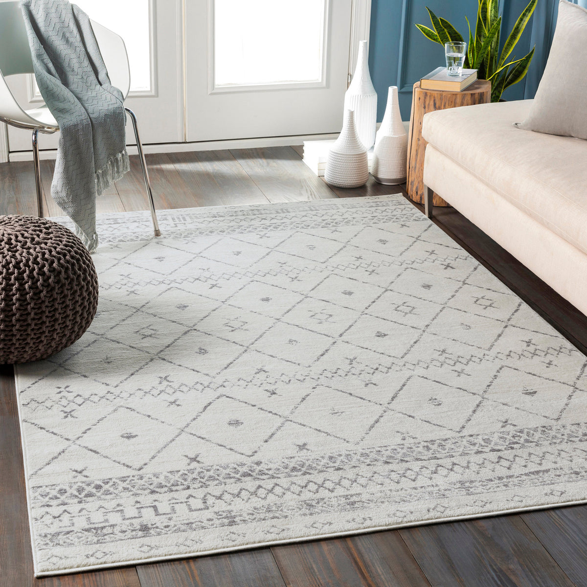Tapis SURYA Lima berbère, motif losanges et frises gris anthracite sur fond blanc, vue 13