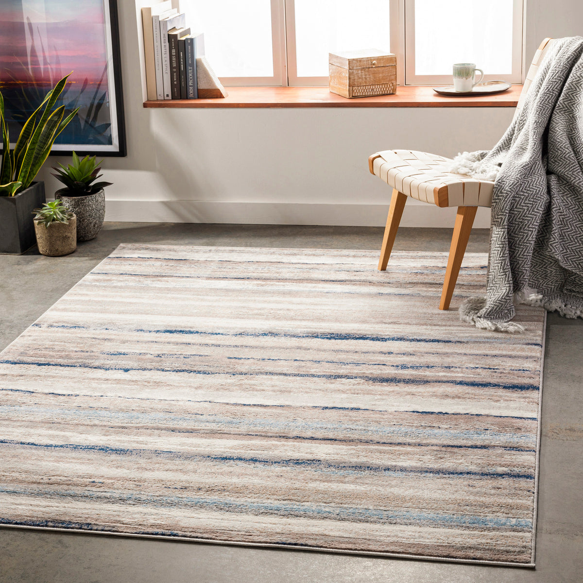 Tapis SURYA Dusel scandinave, motif rayures horizontales beige, crème et bleu, vue 15