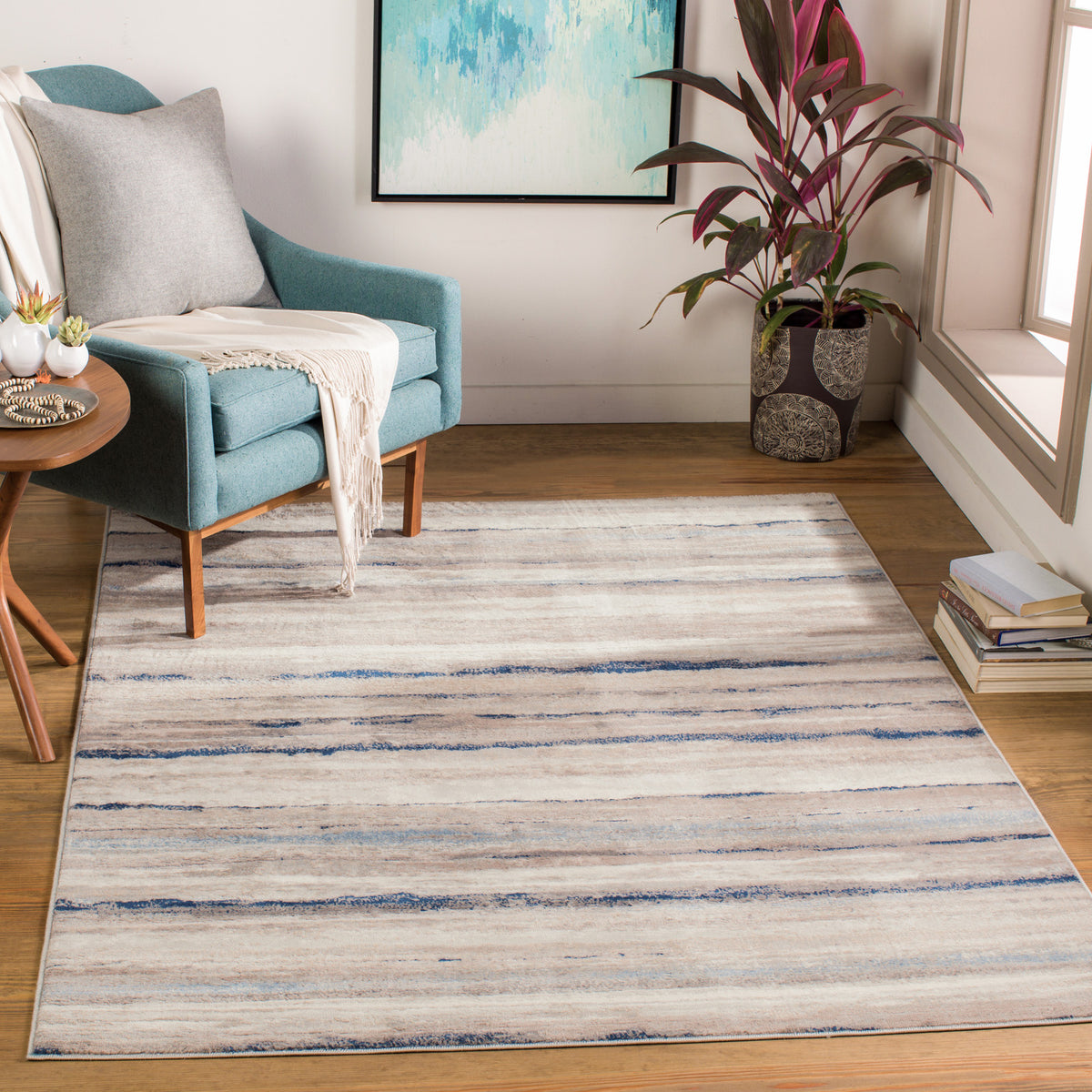 Tapis SURYA Dusel scandinave, motif rayures horizontales beige, crème et bleu, vue 14