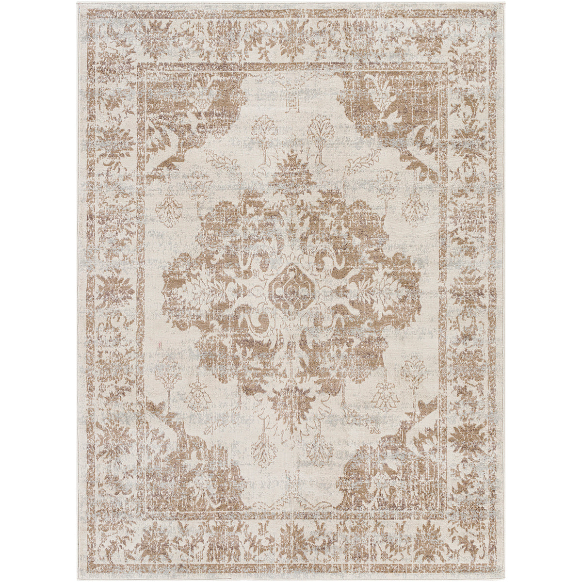 Tapis Surya Shawna vintage oriental, médaillon patiné beige et taupe sur fond ivoire