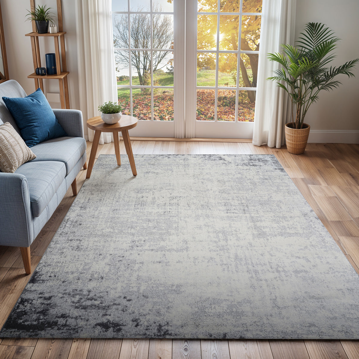 Tapis SURYA Utrecht moderne, motif abstrait patiné gris et anthracite sur fond blanc cassé