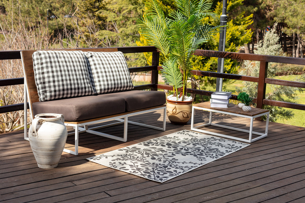 Tapis d'extérieur SURYA Hasselt, motif branches feuillues anthracite sur fond ivoire, vue 9
